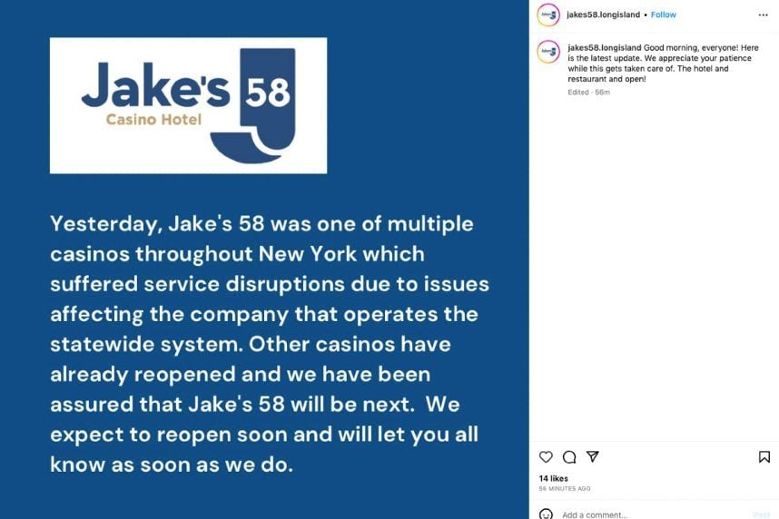 Jake’s 58 Casino Remains Shuttered Following ‘Service Disruptions’